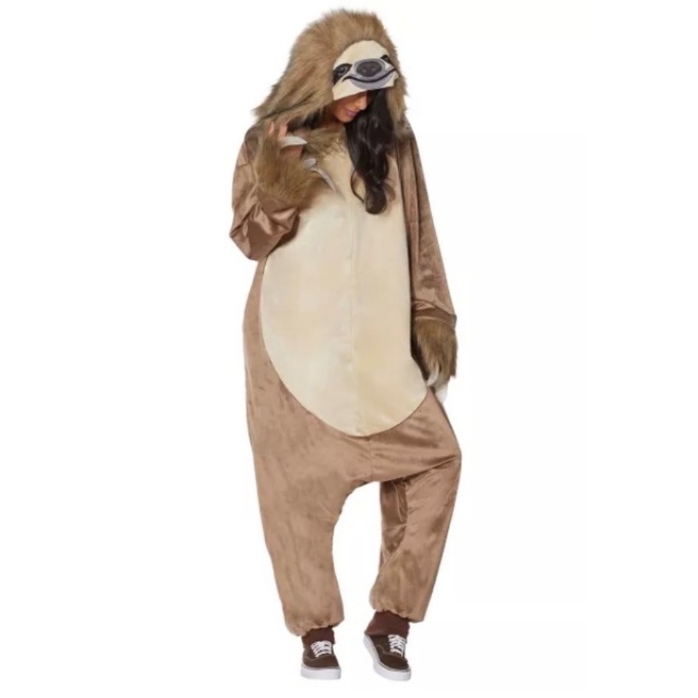 Spirit Adult Sloth Costume Jumpsuit Brown Faux Fur Hooded Claws Halloween Unisex